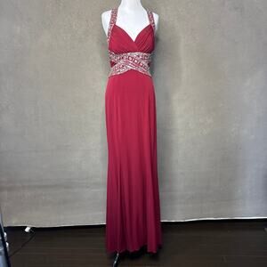Hailey Logan Beaded Prom Dress Red Open Back Formal Gown Juniors 7/8
